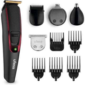 Ufesa Mașină de tuns barbă Ufesa GK6950, multifuncțională, 9 accesorii, nas și urechi, pieptene reglabil , 4 piepteni fixe, 13 lungimi de tăiere fără fir, 120 min de viață a baterie, Negru-Rosu