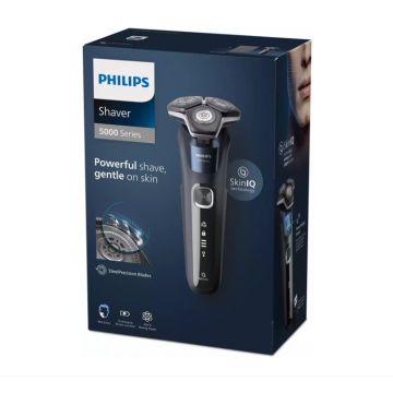 Aparat de barbierit PHILIPS Shaver Seria 5000 S5585/10, barbierit umed/uscat, tehnologie SkinIQ, fara fir, capete flexibile 360Â°, display LED, senzor Power Adapt, lame auto-ascutire, lama integrata, 60 min, Midnight Blue
