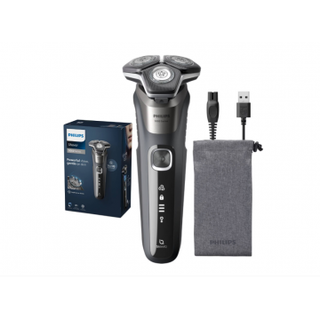Aparat de barbierit PHILIPS Shaver Seria 5000 S5887/10, barbierit umed/uscat, tehnologie SkinIQ, fara fir, capete flexibile 360Â°, display LED, senzor Power Adapt, lame auto-ascutire, lama de tuns integrata, 60 min, husa, Gri carbon