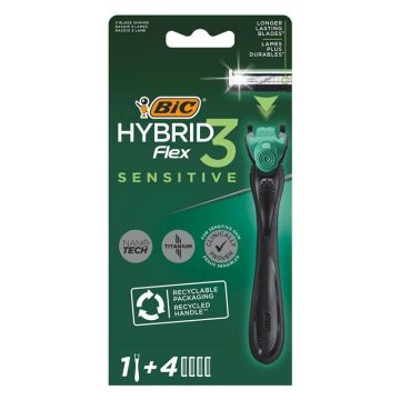 Aparat de Ras BIC Hybrid Flex 3 Sensitive, 3 Lame, Barbati, 1 Maner + 4 Rezerve