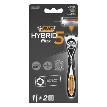 Aparat de Ras BIC Hybrid Flex 5, 5 lame, Barbati, 1 Maner + 2 Rezerve