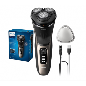 Aparat de ras PHILIPS Seria 3000 S3242/12 Wet&Dry, Autonomie 60 min, 3 elemente de taiere, Auriu, L x A x I (mm) 80x140x190