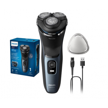 Aparat de ras PHILIPS Shaver Seria 3000 S3144/00, Barbierit umed ÅŸi uscat, Fara fir, Capete 5D pivotante si flexibile, Lame autoascutire, 60 min, Capac de protectie, Albastru intens, L x A x I (mm) 140x80x190