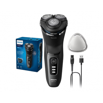 Aparat de ras PHILIPS Shaver Seria 3000 S3244/12, barbierit umed ÅŸi uscat, fara fir, capete 5D pivotante si flexibile, lame autoascutire, 60 min, sistem de barbierire anticoroziune, capac de protectie, Negru