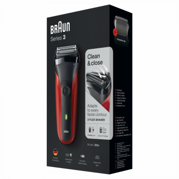 BRAUN Aparat de ras Braun Series 3 300s 81569932, Rezistent la apa, Autonomie 20 min, Rosu