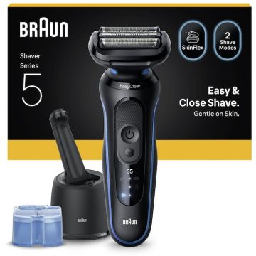 BRAUN Aparat de ras electric Braun Seria 5 52-B7000CC, Autonomie pana la 50 de minute, Statie SmartCare 4-in-1, Fara fir, Utilizare umeda/uscata, Rezistent la apa, Albastru