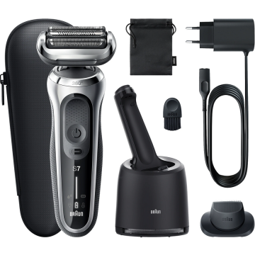 BRAUN Aparat de ras electric Braun Series 7 71-S7200cc Wet&Dry, 4 elemente de taiere, SensoFlex, AutoSense, Statie de incarcare si curatare Smart Care, Trusa de voiaj, Argintiu