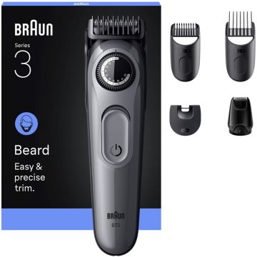 BRAUN Aparat de tuns barba Braun Beard Trimmer Seria 3 BT3560, Lama ultra ascutita, +5 Accesorii de ingrijire: 3 Piepteni, 1 Mini cap de ras, 1 Perie de curatare, Rotita de precizie, 40 Setari de lungime, Autonomie 50 minute, Gri argintiu