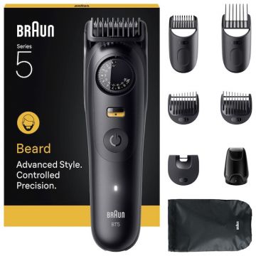 BRAUN Aparat de tuns barba Braun Beard Trimmer Seria 5 BT5560, Lama ultra ascutita, 5 Piepteni,1 Mini cap de ras, 40 Setari de lungime, Autonomie 120 Min, Rezistent la Apa, Negru Mat