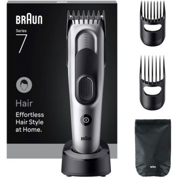 BRAUN Aparat de tuns Braun Seria 7 HC7590, Accesorii de tuns, Lama Ascutita, 17 Setari de lungime, Blocare a setarilor recente, Autonomie 50 Min, Rezistent la apa, Gri