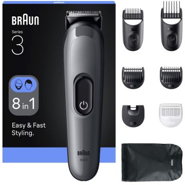 BRAUN Aparat de tuns multifunctional Braun All-in-One Seria 3 AIO3540, 8-in-1, Lama ultra ascutita, 6 Piepteni, 1 Perie de curatare, 1 Saculet, 14 Setari de lungime , Autonomie 50 minute, Gri argintiu lucios
