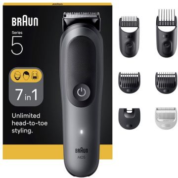 BRAUN Aparat de tuns multifunctional Braun All-in-One Seria 5 AIO5520, 7-in-1, Lama ultra ascutita, 6 Piepteni, Pieptene SkinGuard pentru corp, AquaGrip pentru control sub dus, 14 Setari de lungime, Autonomie 120 minute, Gri/Negru