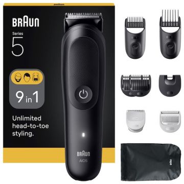 BRAUN Aparat de tuns multifunctional Braun All-in-One Seria 5 AIO5540, 9-in-1, Lama ultra ascutita, 7 Piepteni, Pieptene SkinGuard pentru corp, AquaGrip pentru control sub dus, Autonomie 120 minute, Negru Mat