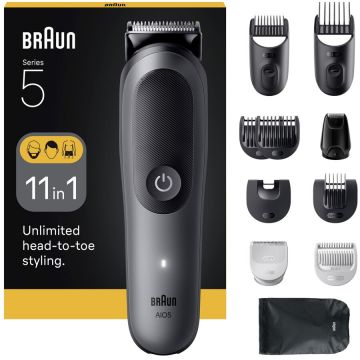 BRAUN Aparat de tuns multifunctional Braun All-in-One Seria 5 AIO5560, 11-in-1, Lama ultra ascutita, 7 Piepteni, 1 Mini Cap de ras, 1 Cap tuns SkinGuard, 1 Perie de curatare, 1 Saculet, AquaGrip pentru control sub dus, Autonomie 120 minute, Gri argintiu