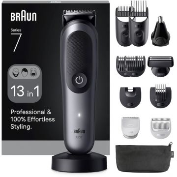 BRAUN Aparat de tuns multifunctional Braun All-in-One Seria 7 AIO7560, Lama ProBlade, AutoSense, 7 Piepteni, Cap tuns SkinGuard, Cap ras PrecisionShave, Cap tuns urechi/nas, Autonomie 120 min, Gri cosmic