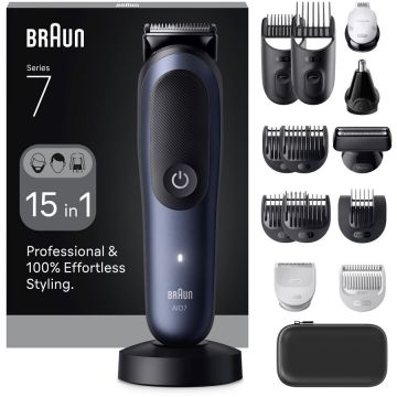 BRAUN Aparat de tuns multifunctional Braun All-in-One Seria 7 AIO7580,Lama ProBlade, AutoSense,8 Piepteni, 1 Cap tuns SkinGuard,1 Cap ras PrecisionShave, 1 Cap tuns urechi/nas,1 Cap ContourPro,Autonomie 120 min,Ingrijire pentru zona intima,Albastru metal