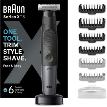 BRAUN Aparat hibrid de barbierit si tuns barba Braun Series X XT5300 Wet&Dry, Lama 4D, 6 piepteni, 1 capac de protectie, autonomie 45 minute, Husa, Suport de incarcare, Negru