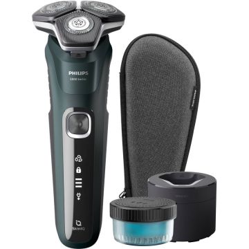Philips Aparat de barbierit PHILIPS Shaver Seria 5000 S5884/50, barbierit umed/uscat, tehnologie SkinIQ, fara fir, capete flexibile 360°, display LED, senzor Power Adapt, lame auto-ascutire, lama tuns integrata, 60 min, toc de transport, Verde inchis