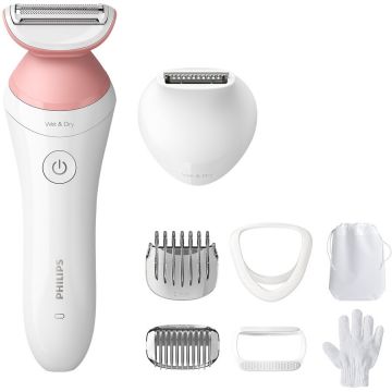 Philips Aparat de ras fara fir, umed si uscat Philips Lady Shaver Seria 6000 BRL146/00, Wet&Dry, 10 ore incarcare, 40 min utilizare, Husa, manusa exfoliere, Alb-Roz