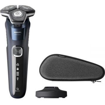 Philips Aparat de ras PHILIPS Seria 5000 S5885/35 cu tehnologie SkinIQ, capete 360° flex, trimmer pop-up pentru perciuni/cioc, ras umed&uscat, autonomie 60 min /1h incarcare, etui, suport incarcare, Albastru nocturn
