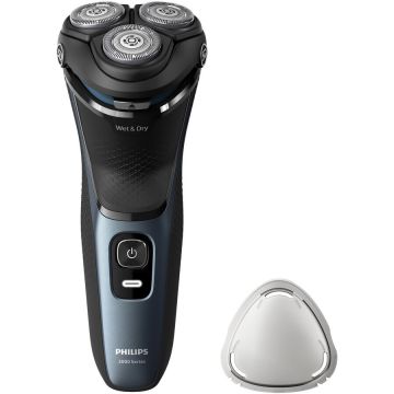 Philips Aparat de ras Philips Shaver Seria 3000 S3144/00, barbierit umed si uscat, fara fir, capete 5D pivotante si flexibile, lame autoascutire, 60 min, capac de protectie, Albastru intens
