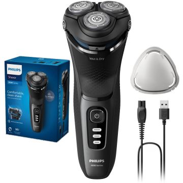 Philips Aparat de ras PHILIPS Shaver Seria 3000 S3244/12, barbierit umed si uscat, fara fir, capete 5D pivotante si flexibile, lame autoascutire, 60 min, sistem de barbierire anticoroziune, capac de protectie, Negru