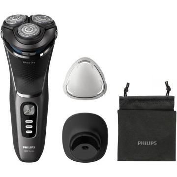Philips Aparat de ras Philips Shaver Seria 3000 S3343/13, barbierit umed si uscat, fara fir, capete 5D pivotante si flexibile, lame autoascutire, 60 min, sistem de barbierire anticoroziune, capac de protectie, suport de incarcare, Negru