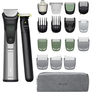 Philips Aparat de tuns Philips All-in-One MG9557/15 +OneBlade 20in1 MG9557/15, Autonomie 120 min, 26 setari lungime, 3 capete trimmer specializate, Husa, Argintiu