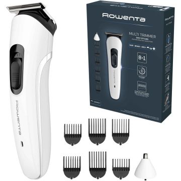 Rowenta Aparat de tuns multifunctional Rowenta Trim & Style 8 in 1 TN8934E0, autonomie 60 min, 6 piepteni, 6500 RPM, setare precizie 3 mm, indicator LED baterie, lame lavabile si detasabile din inox, alb & negru