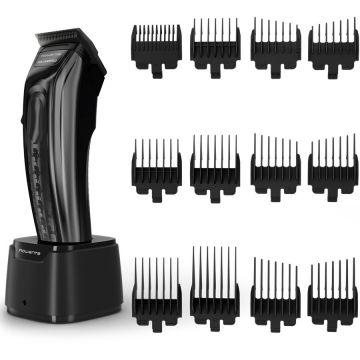 Rowenta Aparat de tuns Rowenta x Karl Lagerfeld Barber Experience TN155LE0, 6500 rpm, autonomie 150 min, 6 piepteni ficsi 3-6 -9-12-18-25 mm, 6 piepteni fade stanga - dreapta, setare precizie 0.3mm, lame inox, indicator LED, baza de incarcare, negru & gr