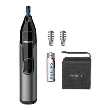 Trimmer pentru nas si urechi PHILIPS NT3650/16, Baterie, Lavabil, Tehnologie Precision Trim, Otel inoxidabil, Pieptene pentru sprancene, Pieptene 5 mm, Gri, L x A x I (mm) 39x83x190