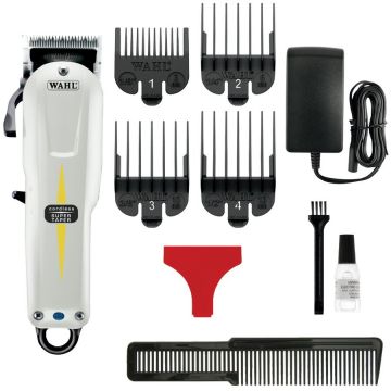 Wahl Masina de tuns profesionala Wahl Super Tape 3027253, Lithium-Ion, 4 piepteni, perie curatare, Alb-Negru